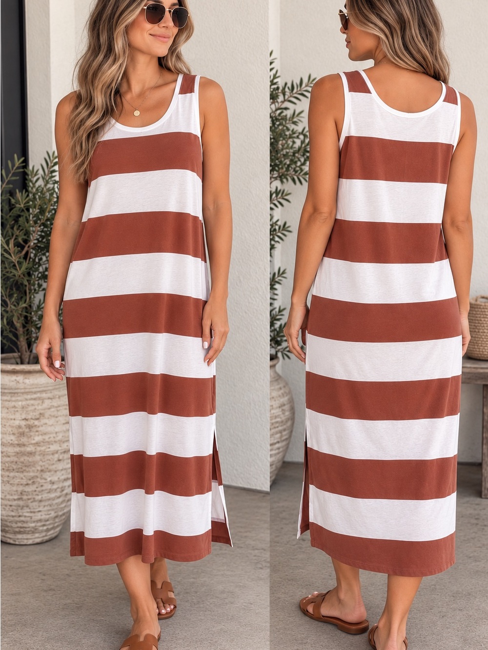 Z Supply Striped Tank Midi Dress - White & Brown
